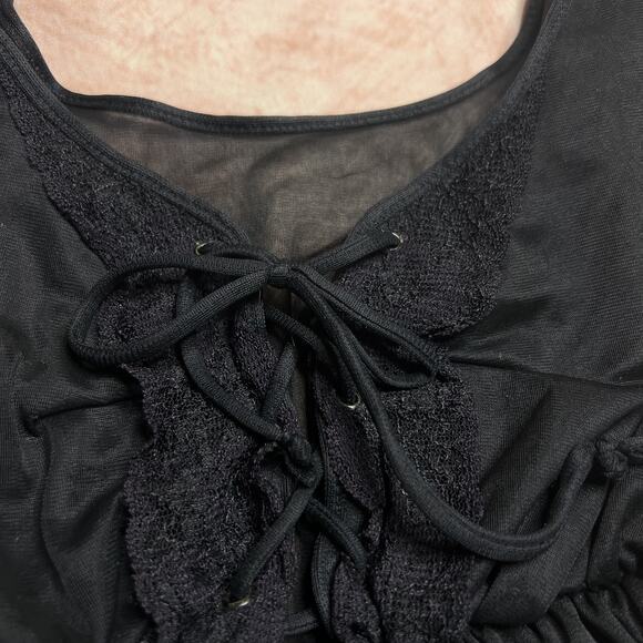 Vintage 90s Sheer Mesh Lace Up Lingerie Mini Dress Fit & Flare Dark Romantic - Picture 3 of 5